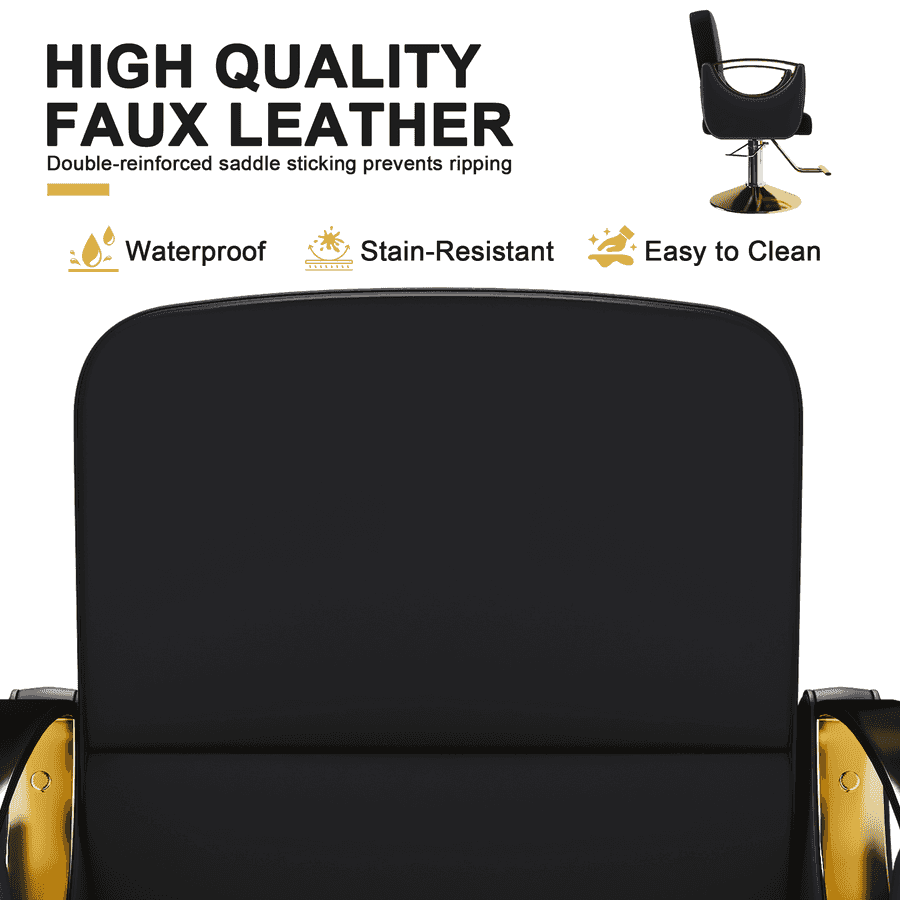 Close-up of gold and black hydraulic salon chair with lock feature