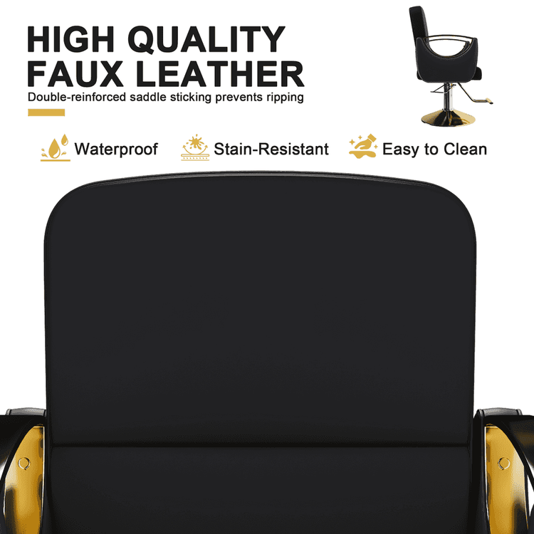 Close-up of gold and black hydraulic salon chair with lock feature