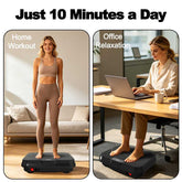 Woman using vibration plate for whole body fitness at home