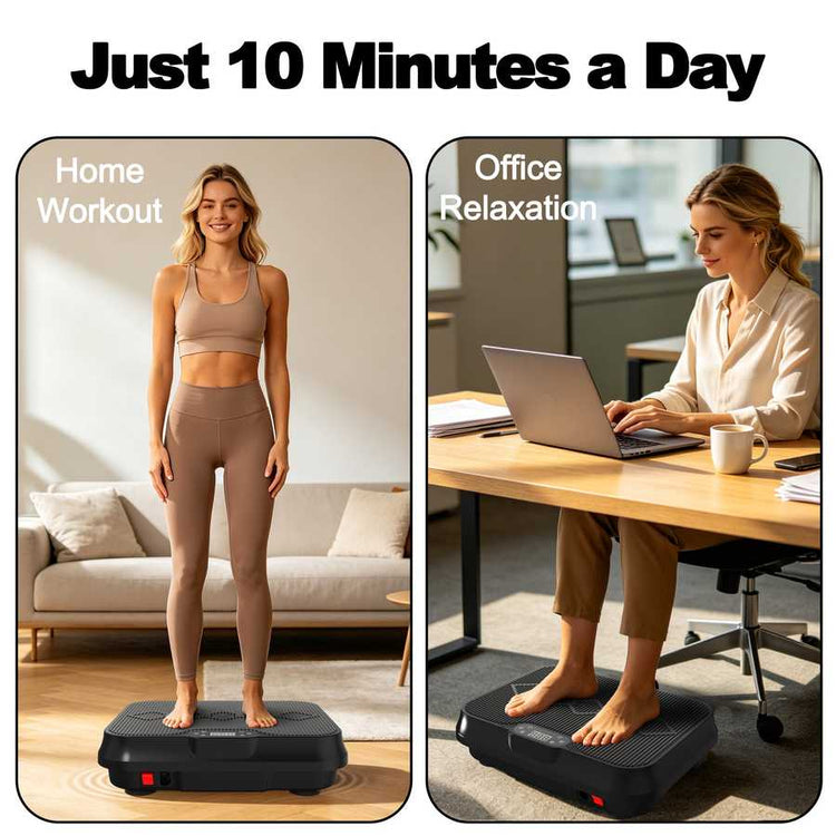 Woman using vibration plate for whole body fitness at home