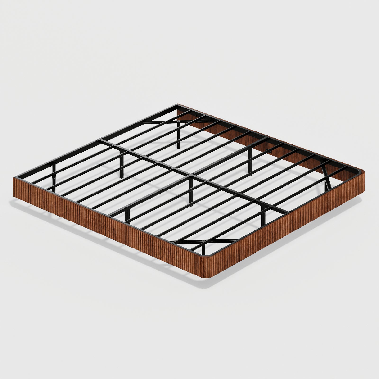 Sturdy king floating bed frame structure with walnut side panels and black metal slats, designed for durability and support.