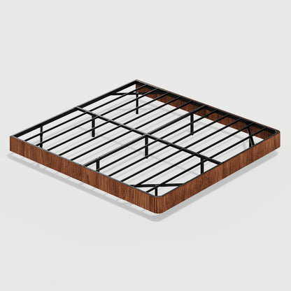 Sturdy king floating bed frame structure with walnut side panels and black metal slats, designed for durability and support.