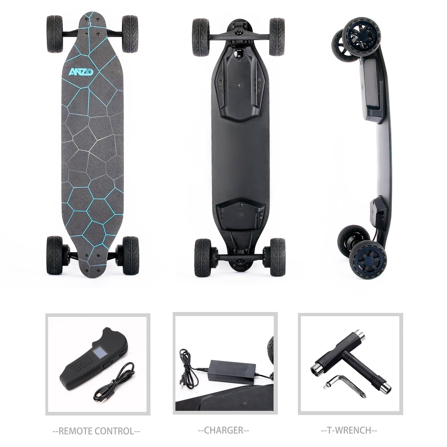 All-terrain dual 1000*2 hub motor electric skateboard with 32mph max speed, 25 miles range,9600mah battery.