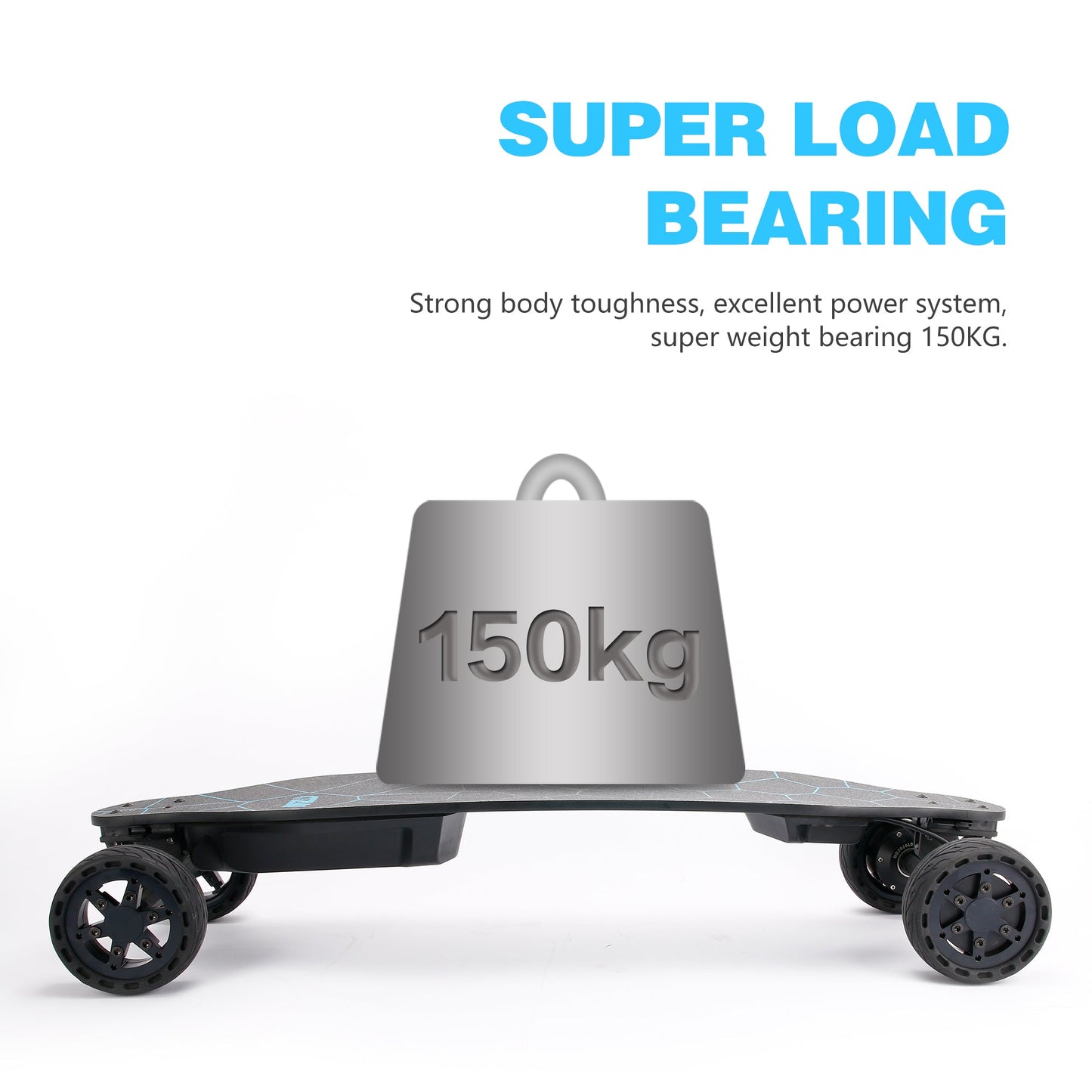 All-terrain dual 1000*2 hub motor electric skateboard with 32mph max speed, 25 miles range,9600mah battery.