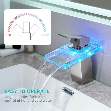 LED Waterfall Bathroom Sink Faucet with Temperature Sensing
