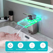 LED Waterfall Bathroom Sink Faucet with Temperature Sensing