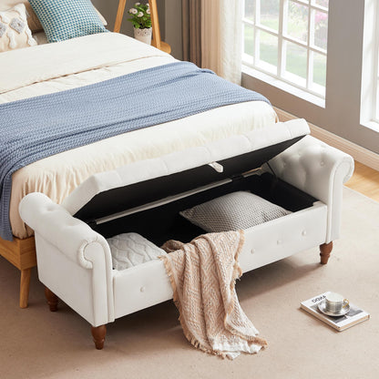 Beige, Solid Wood Legs, Velvet Bedroom End of Bed Storage Bench Rolled Side Sofa Bench Toy Storage Bench