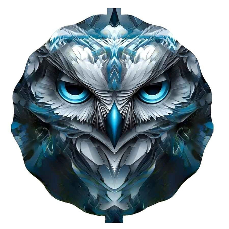 Artistic depiction of an owl with blue eyes and a geometric pattern on a white background