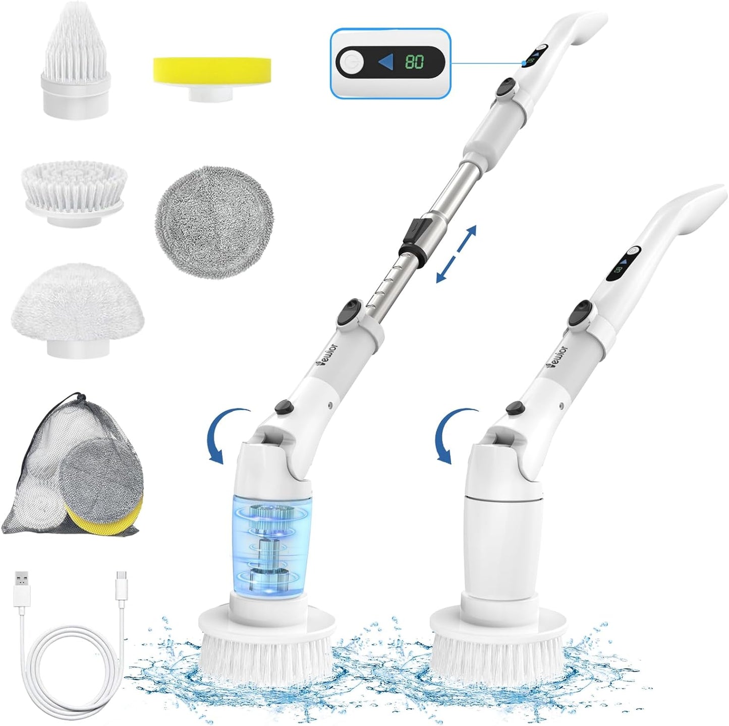 Cordless Cleaning Brush  with Display and 3 Adjustable Angle 2 Speeds 5 Replaceable Brush Heads, Power Shower Scrubber with Extension Handle for Floor Bathroom Tile Grout