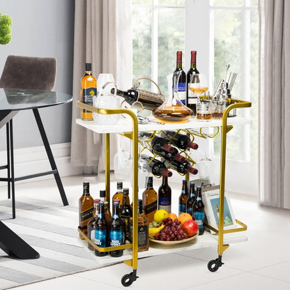 Deluxe Gold Bar Cart, with Glass Holders and Wine Racks, Modern Marbled Solid Wood Cart on Silent Wheels, 2-Tier Premium Texture Bar Cart MLNshops