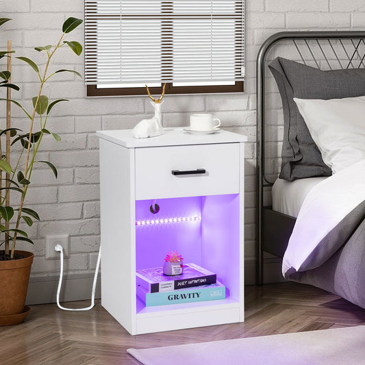 FCH 40*35*60cm Particleboard Pasted Triamine Single Drawer With Socket With LED Light Bedside Table White MLNshops