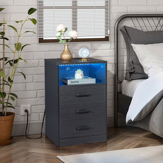 FCH 40*35*65cm Particleboard Pasted Triamine Three Drawers With Socket With LED Light Bedside Table Black MLNshops