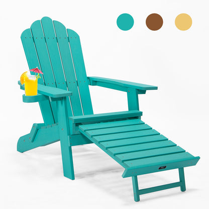 TALE Folding Adirondack Chair with Pullout Ottoman with Cup Holder, Oversized, Poly Lumber,  for Patio Deck Garden, Backyard Furniture