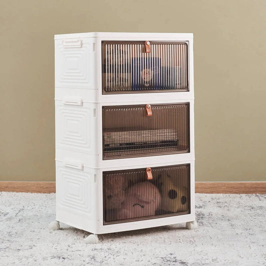 Folding Storage Bin，Storage Cabinet with Lids and Wheels-3 layers