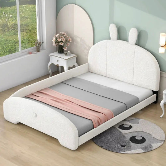 Full Size Upholstered Platform Bed with Cartoon Ears Shaped Headboard, White MLNshops