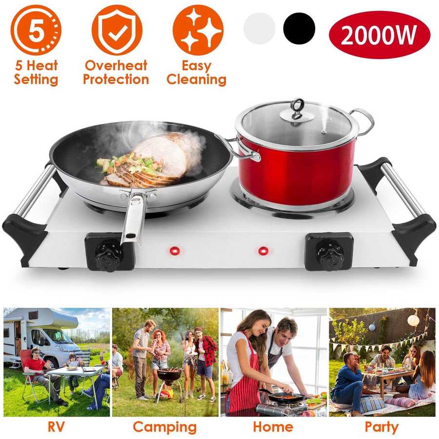 Dual burner electric stove with control knobs and red indicator lights
