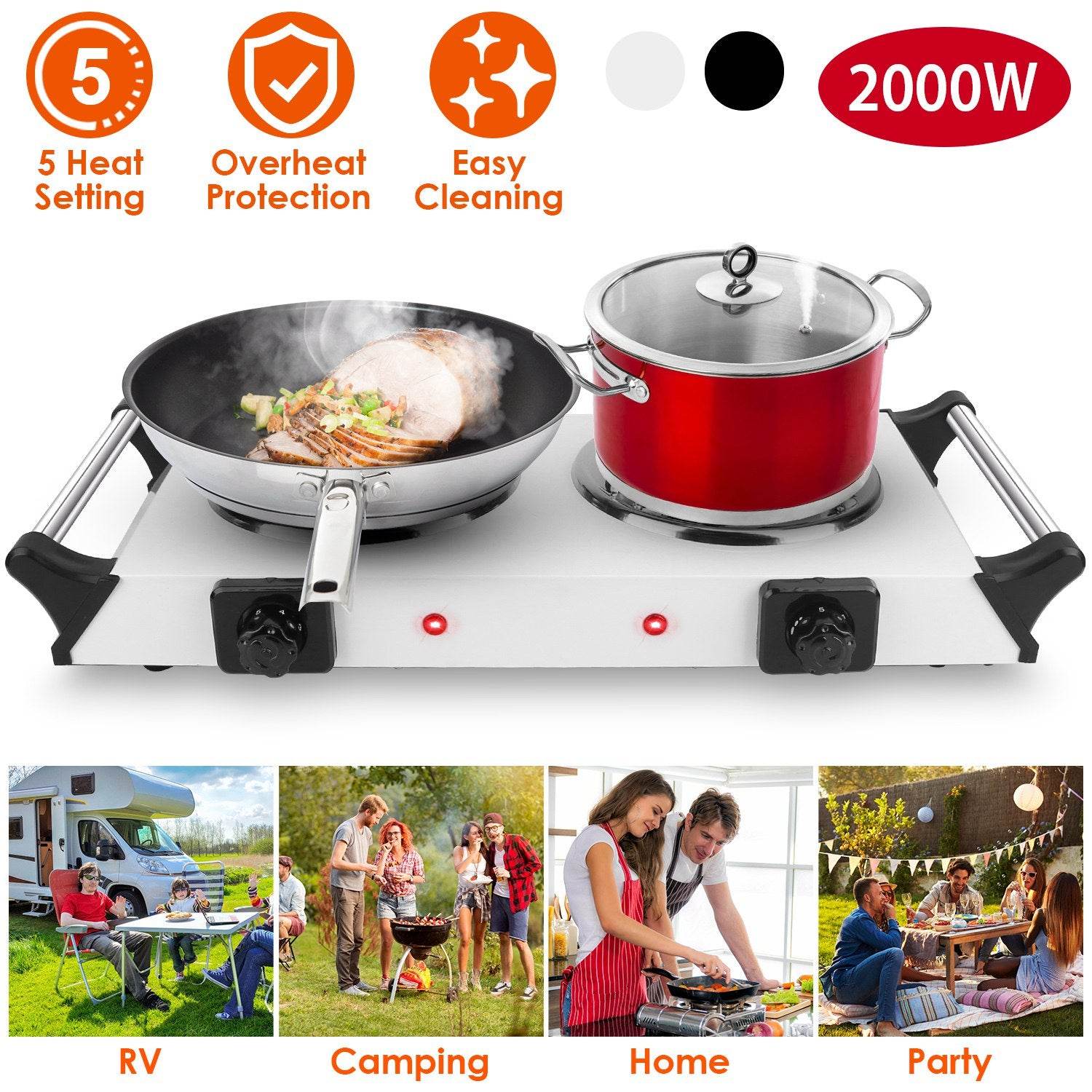 Hot Plate，2000W Hot Plate,Portable Electric Stove Countertop Double Burners W/5 Level Temperature Control & Stay Cool Handles, Easy to Clean, Lightweight Cast Iron Electric Stove for RV/Home/Camp 110V Default Title