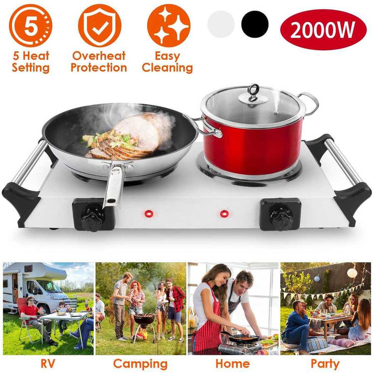 Dual burner electric stove with control knobs and red indicator lights