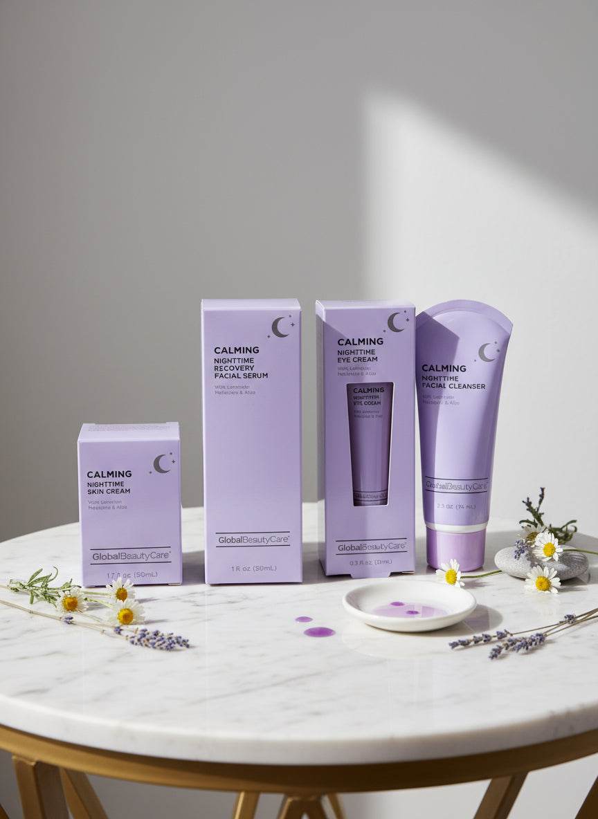 Global Beauty Care Calming Nighttime Cleanser, Serum, Cream and Eye Cream kits