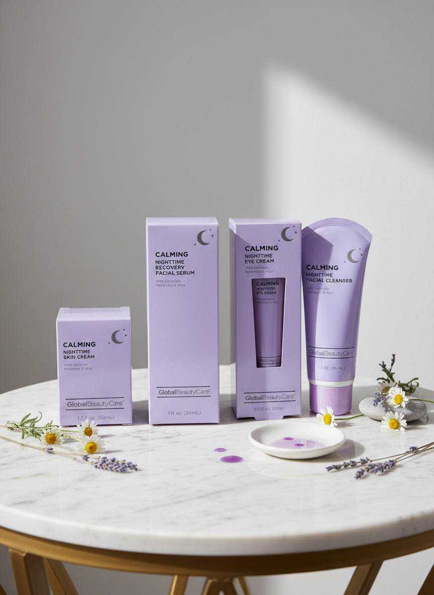 Global Beauty Care Calming Nighttime Cleanser, Serum, Cream and Eye Cream kits