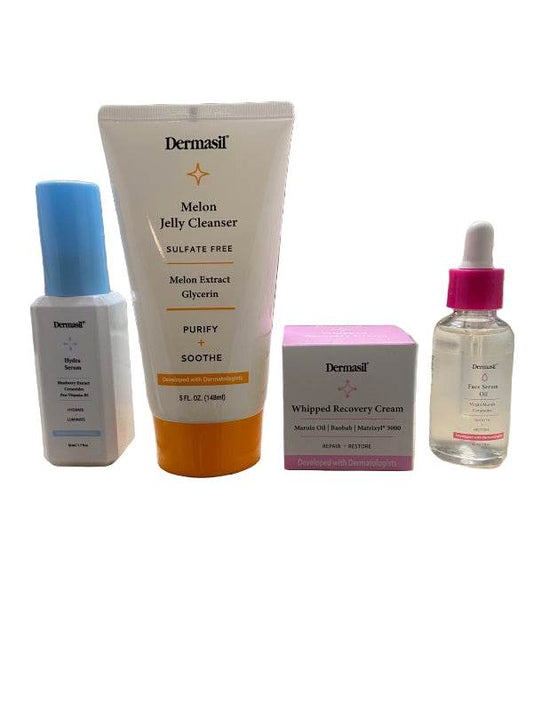 Dermasil Skin Care Collection recovery cream, jelly cleanser, oil serum, and hydra serum