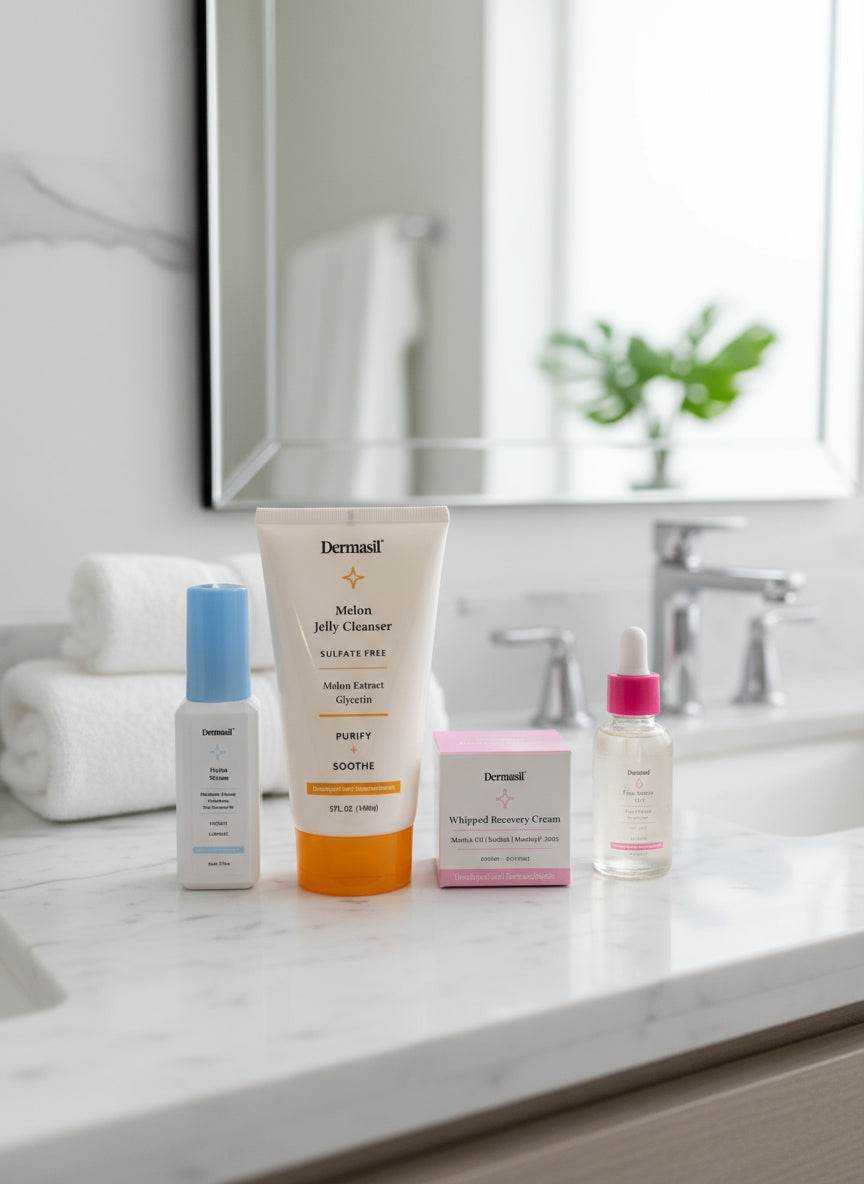 Dermasil Skin Care Collection recovery cream, jelly cleanser, oil serum, and hydra serum