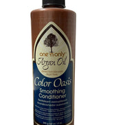 Front label of One N Only Argan Oil Color Oasis Smoothing Conditioner bottle, featuring argan oil formula for color-treated hair.