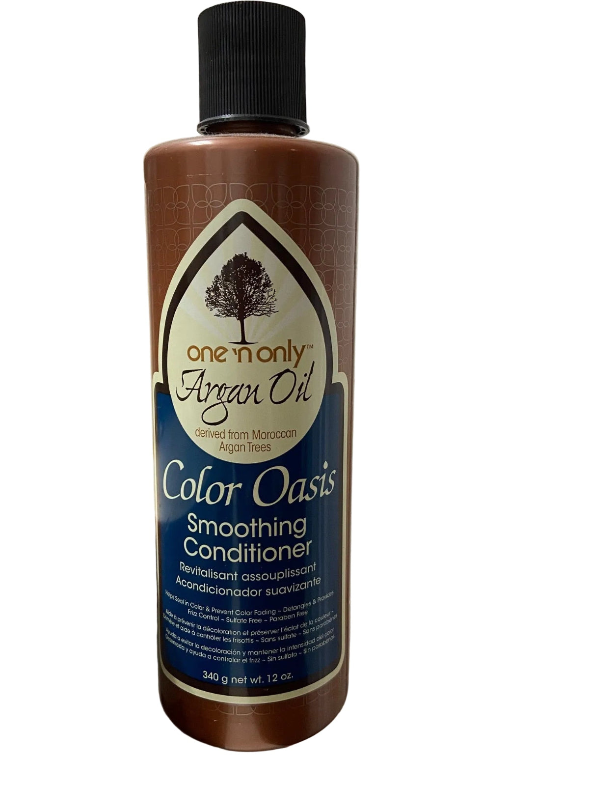 Front label of One N Only Argan Oil Color Oasis Smoothing Conditioner bottle, featuring argan oil formula for color-treated hair.