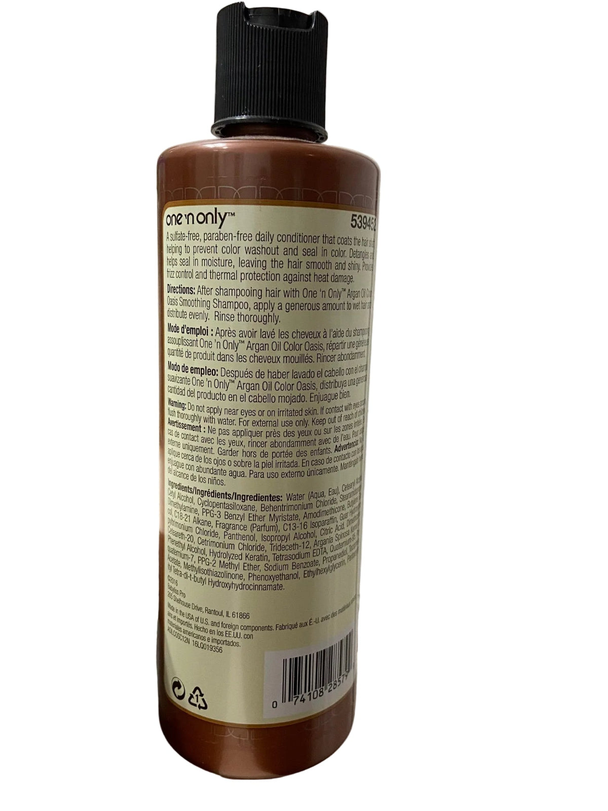 Back label of One N Only Argan Oil Color Oasis Smoothing Conditioner showing ingredients and usage instructions for color-treated hair.