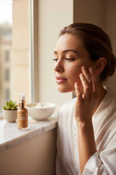 Woman applying skincare product by a window with a bowl and plant on the windowsill.