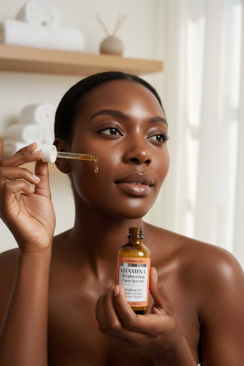 Vitamin C face serum bottle with dropper and packaging on a surface.