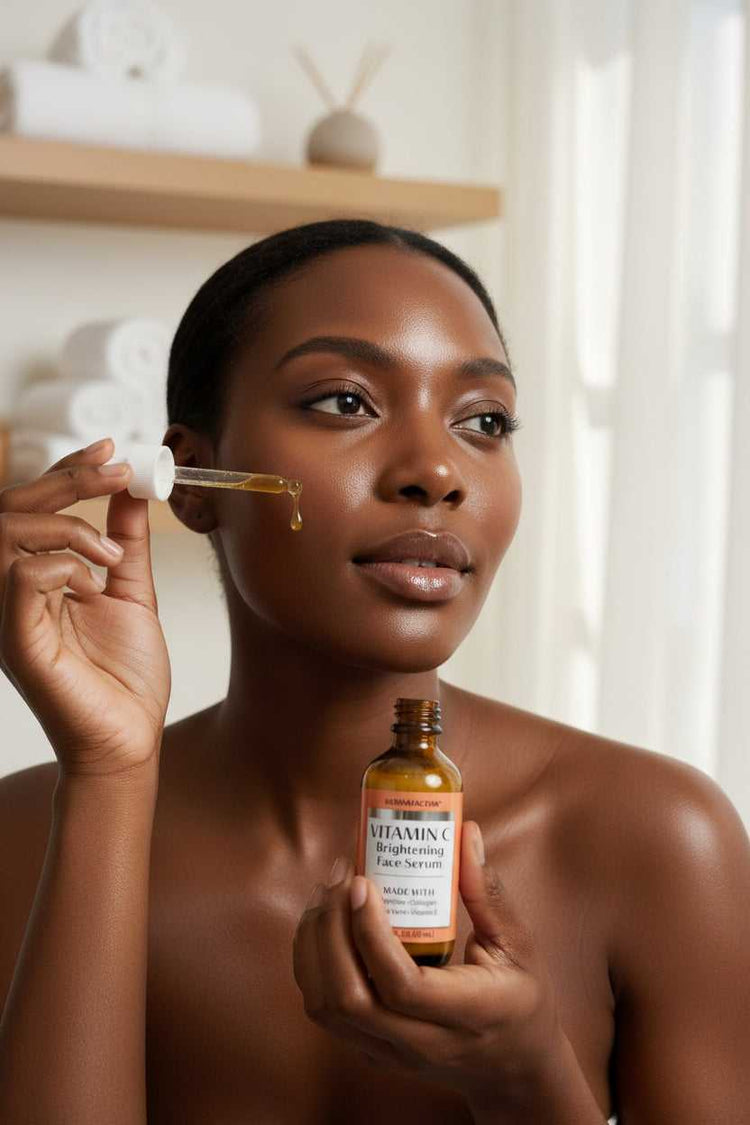 Vitamin C face serum bottle with dropper and packaging on a surface.
