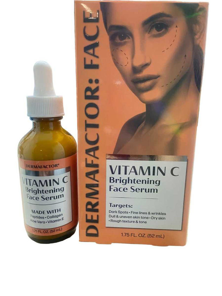 Vitamin C brightening face serum packaging with a bottle on a surface.
