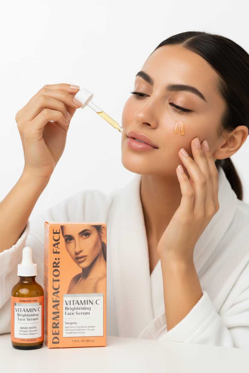 Vitamin C brightening face serum packaging with a bottle on a surface.