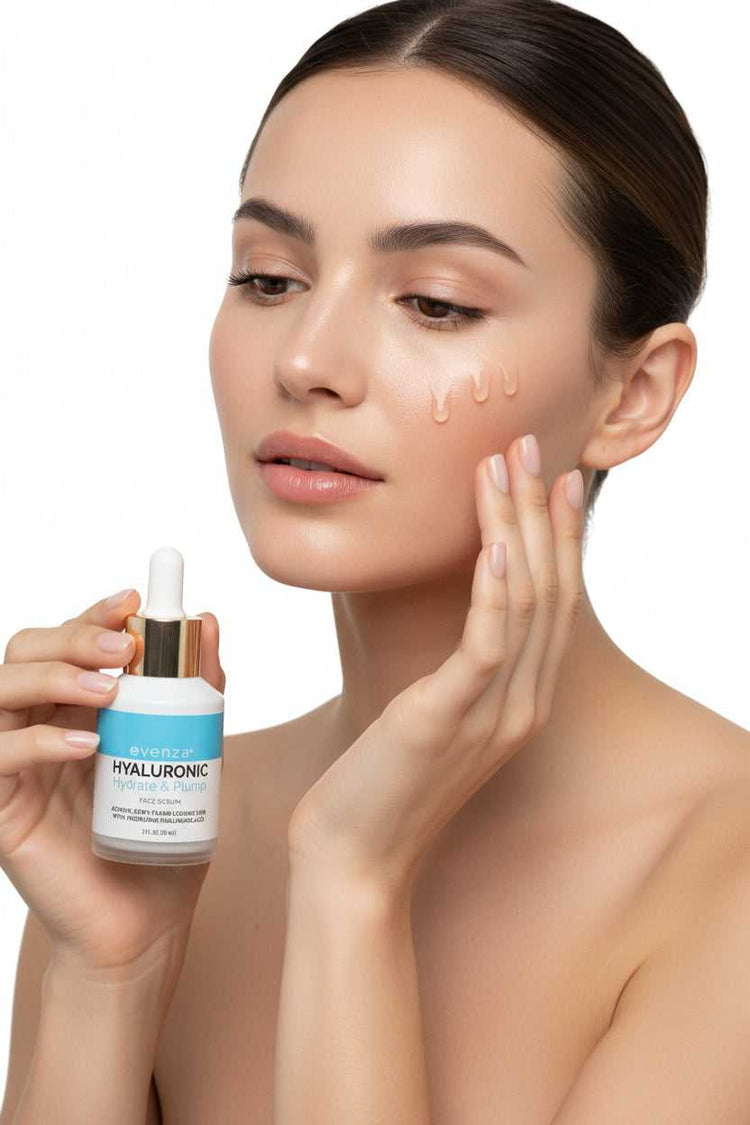 Bottle of Evenza Hyaluronic Hydrate & Plump face serum on a white background