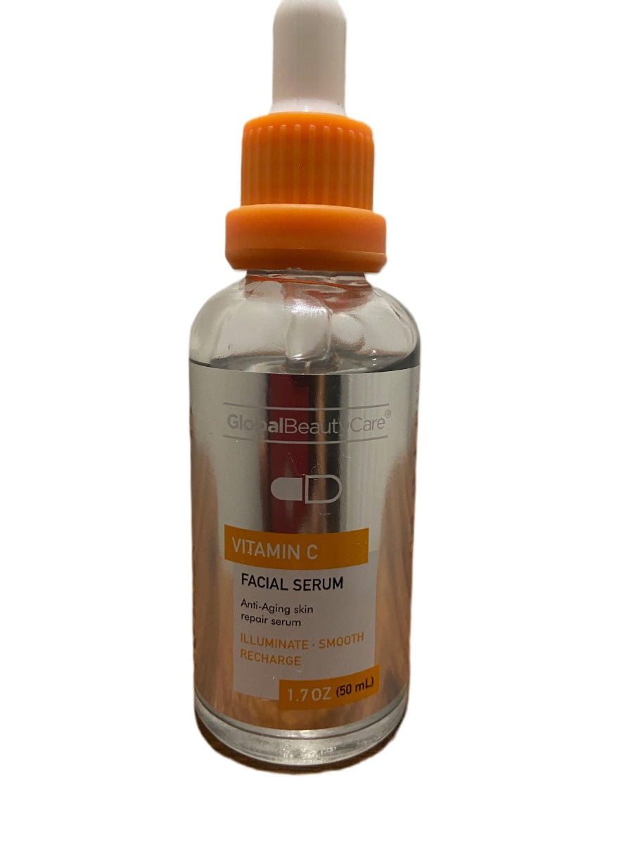 Global Beauty Care Vitamin C Facial Serum in a 1.7 oz clear glass dropper bottle with an orange cap and white label.