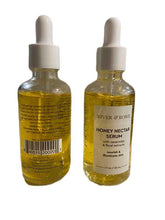 Two clear glass dropper bottles of River & Rowe Honey Nectar Serum, one showing the back label and the other showing the front label, filled with golden-yellow serum against a white background.