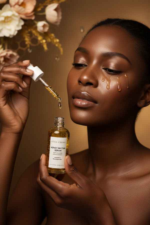 A 1.7 oz glass dropper bottle of River & Rowe Honey Nectar Serum, filled with golden-yellow liquid and featuring a white label and white dropper cap, set against a plain white background.
