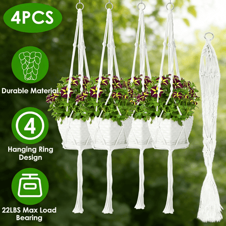 Set of 4 white macrame plant hangers with colorful flowers in baskets