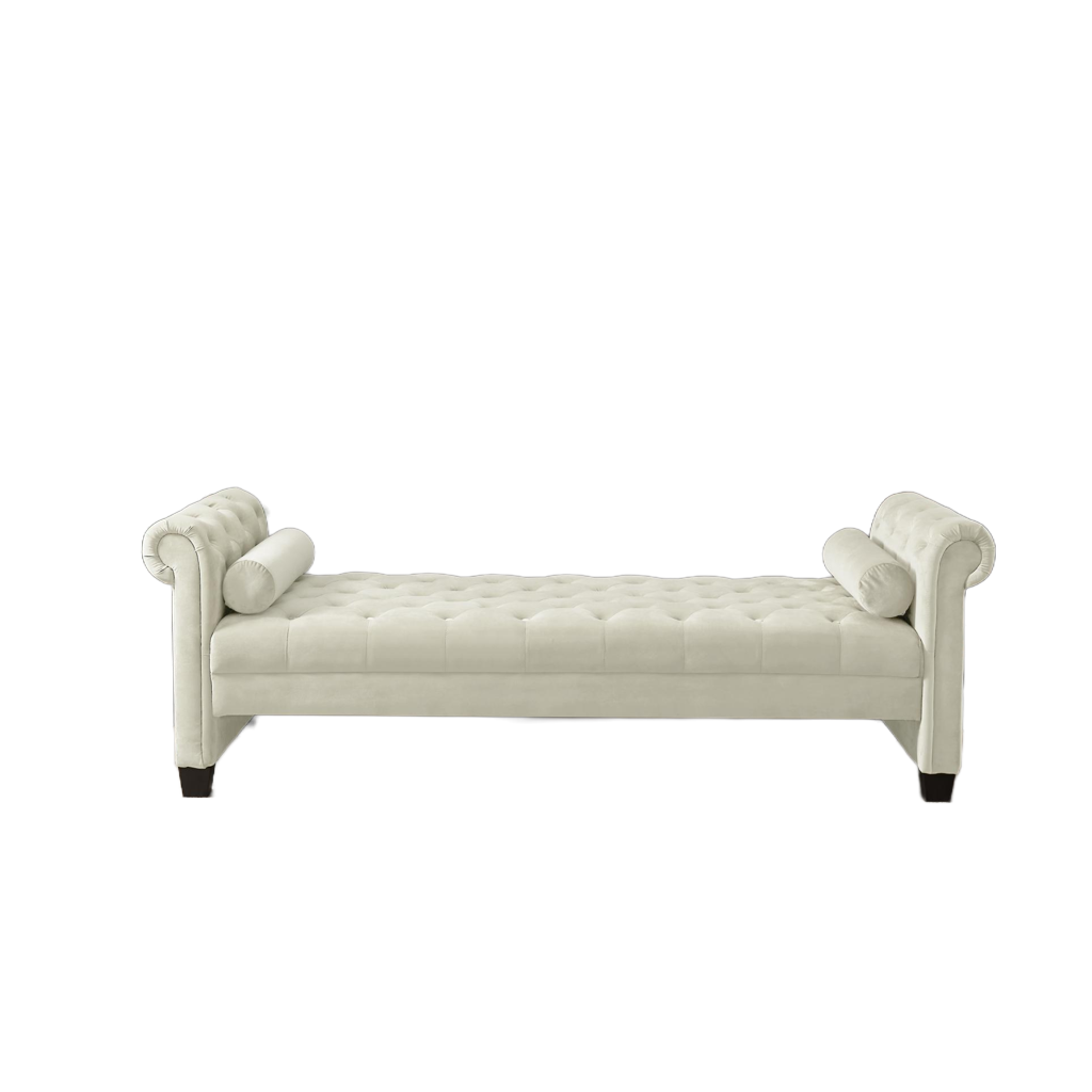 Ivory, Solid Wood Legs Velvet Rectangular Sofa Bench with Attached Cylindrical Pillows