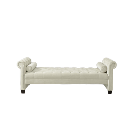 Ivory, Solid Wood Legs Velvet Rectangular Sofa Bench with Attached Cylindrical Pillows