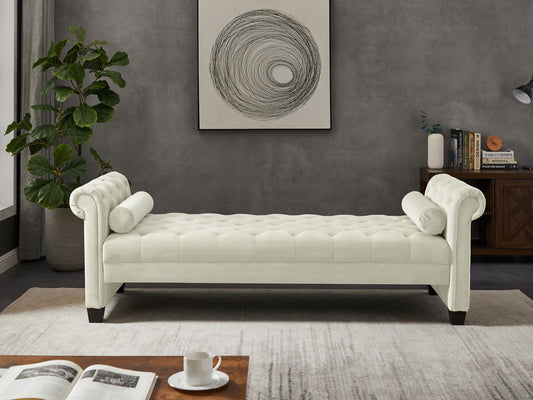 Ivory, Solid Wood Legs Velvet Rectangular Sofa Bench with Attached Cylindrical Pillows MLNshops