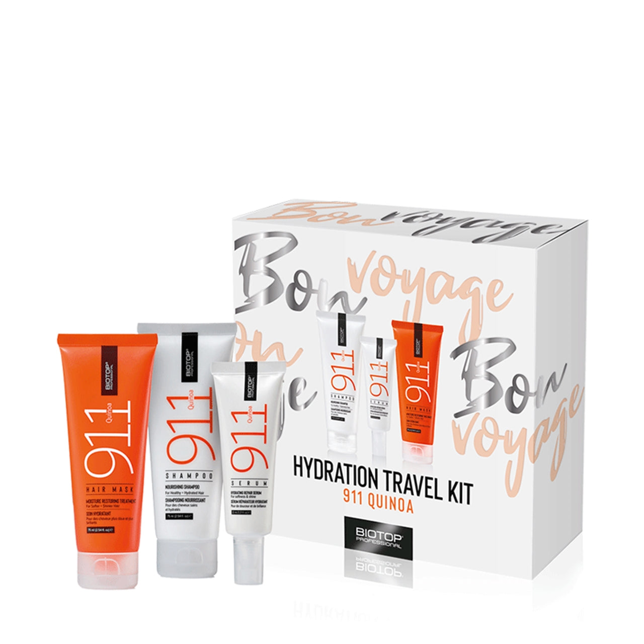 911 Quinoa hydration travel kit with shampoo, conditioner, and hair mask on a white background