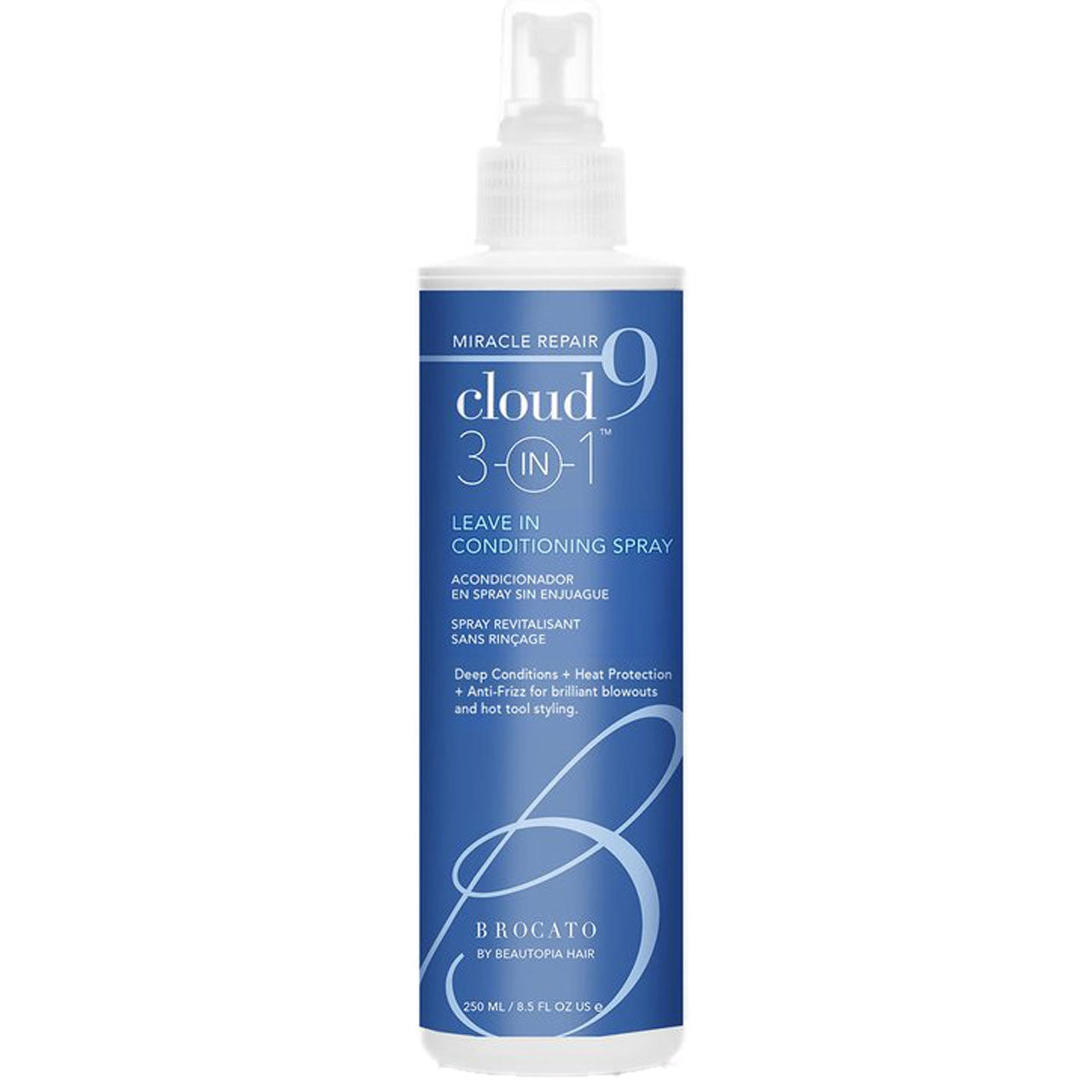 Cloud 9 leave-in conditioning spray bottle on a white background