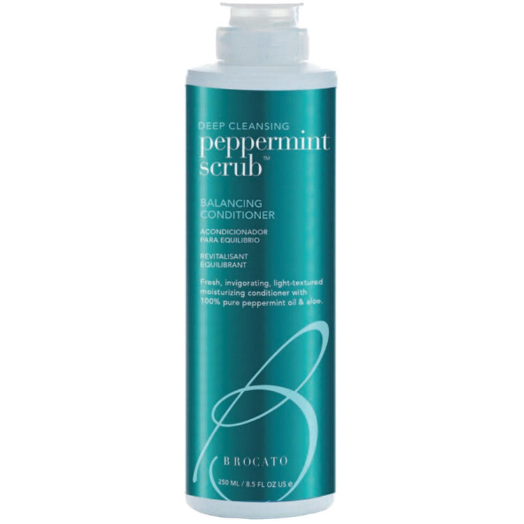 Teal bottle of Brocato Peppermint Scrub Balancing Conditioner on a white background