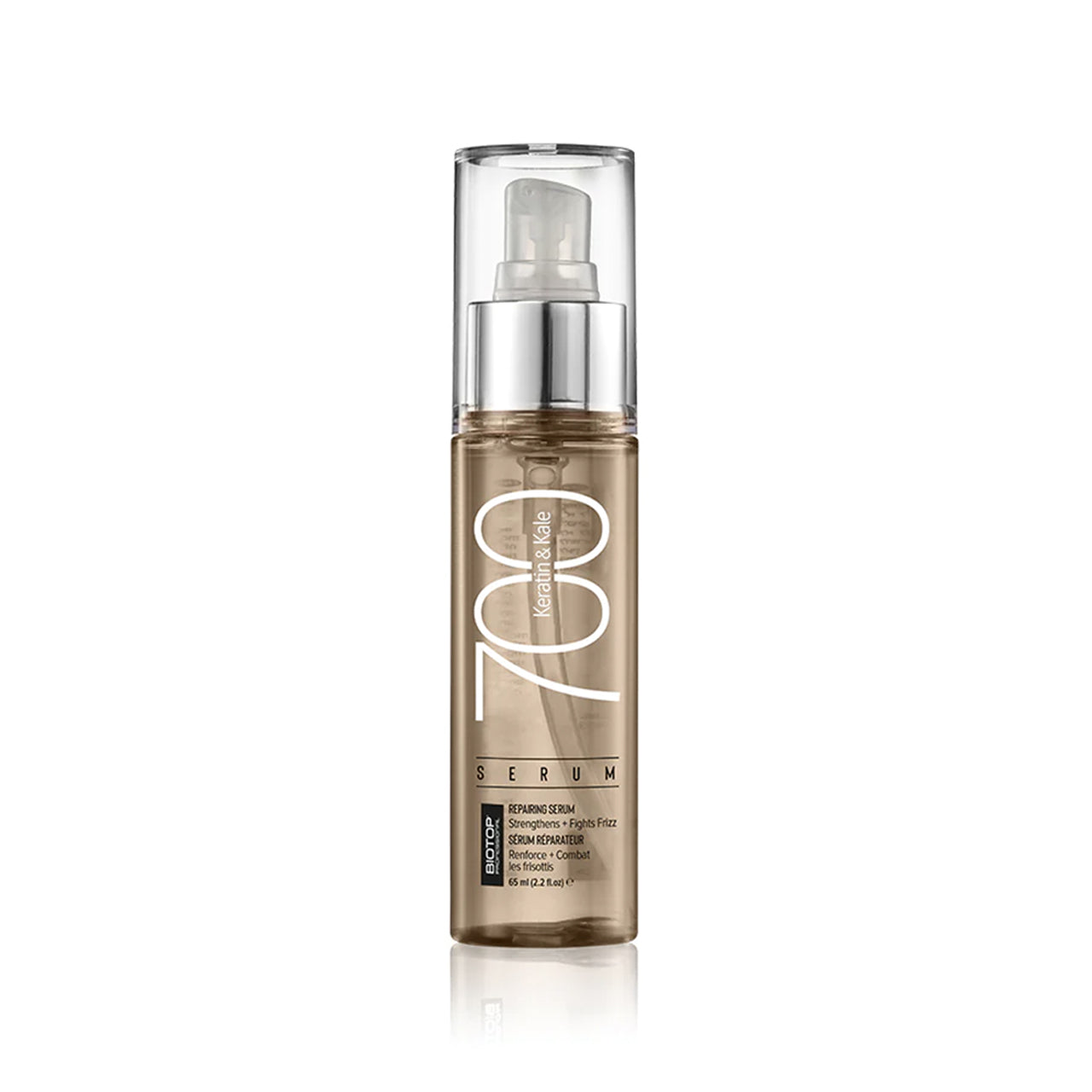 Skincare serum bottle with pump on a white background