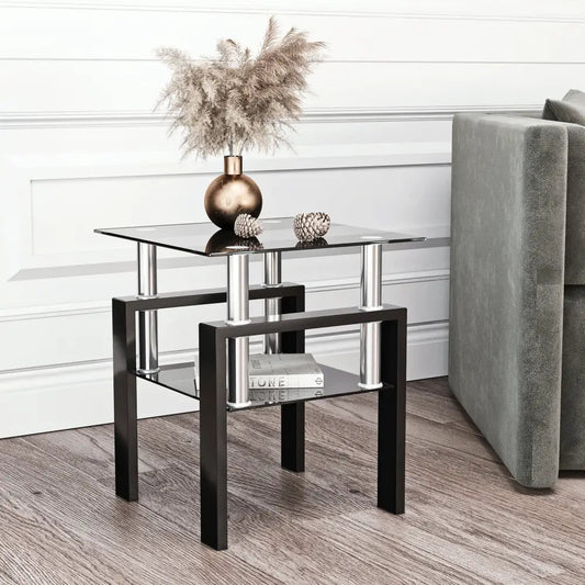 MLNshops Modern Tempered Glass Tea Table Coffee Table End Table, Square Table for Living Room, Black MLNshops