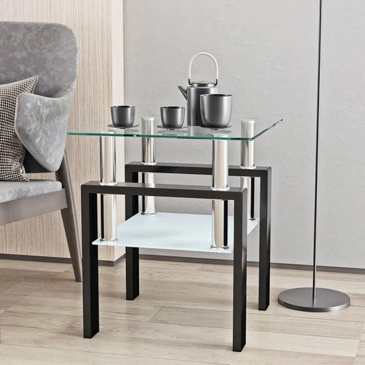 MLNshops Tempered Glass Tea Table Coffee Table End Table, Square Table for Living Room, Transparent/Black MLNshops