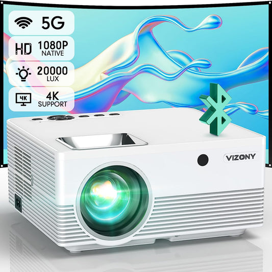 Mini Projector with 5G WiFi and Bluetooth, 20000L 600ANSI Full HD Native 1080P Projector, Support 4k & 350" Display.