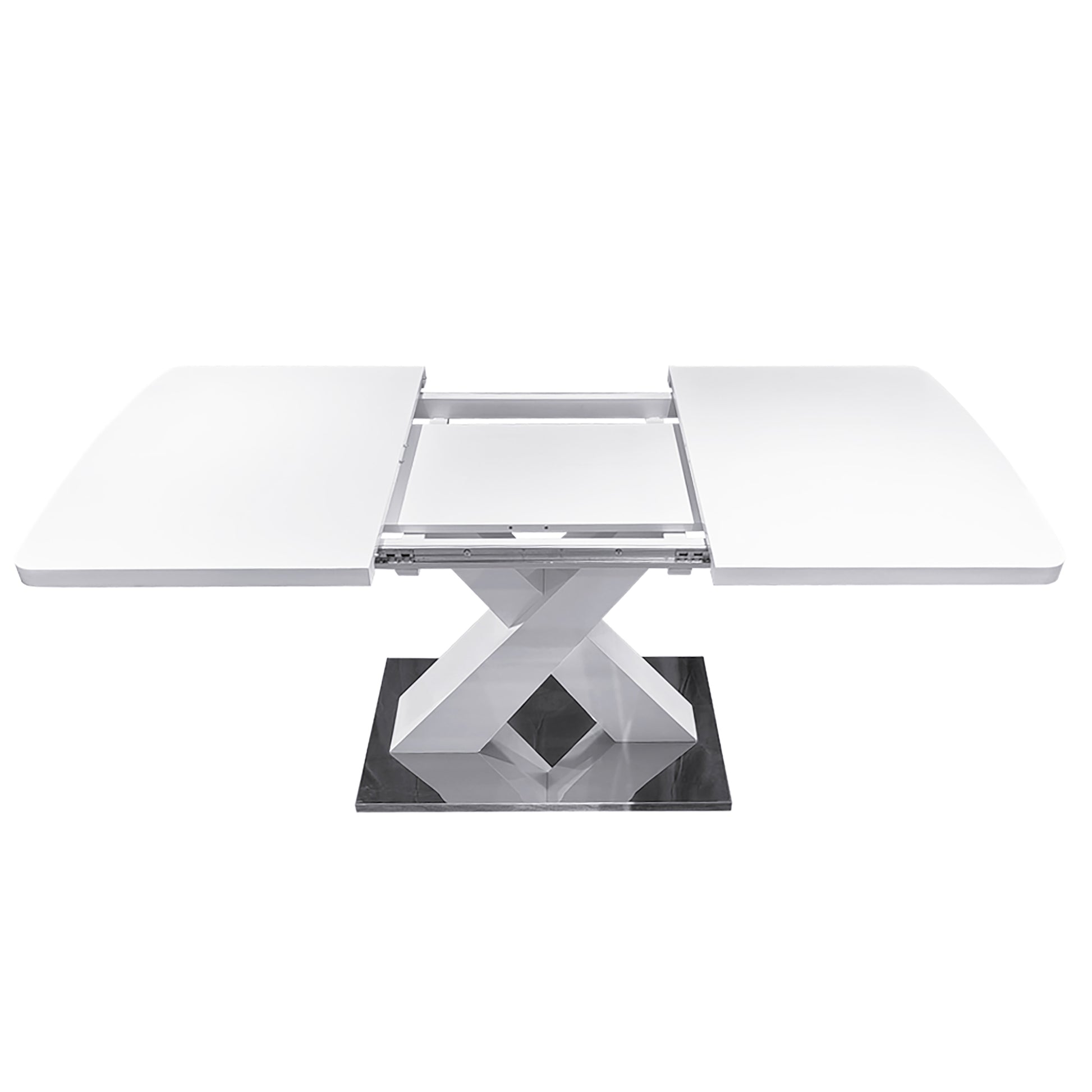Modern Square Dining Table, Stretchable, White Table Top+MDF X-Shape Table Leg with Metal Base MLNshops